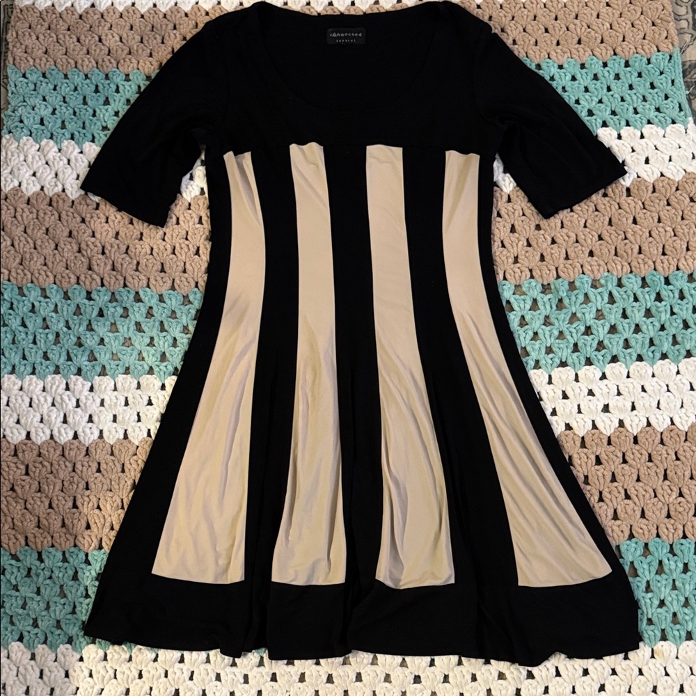 connected apparel Black and Beige Striped Mini Dress